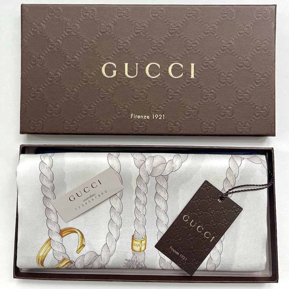 New Gucci Scarf GG Logo Ropes Print Nautical Style Silk Wrap